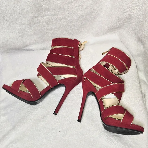 Liliana Red/Gold 4" Stiletto HEELS Crisscross Strappy Sexy GIRLS' NIGHT 👠 FAB - Picture 4 of 15